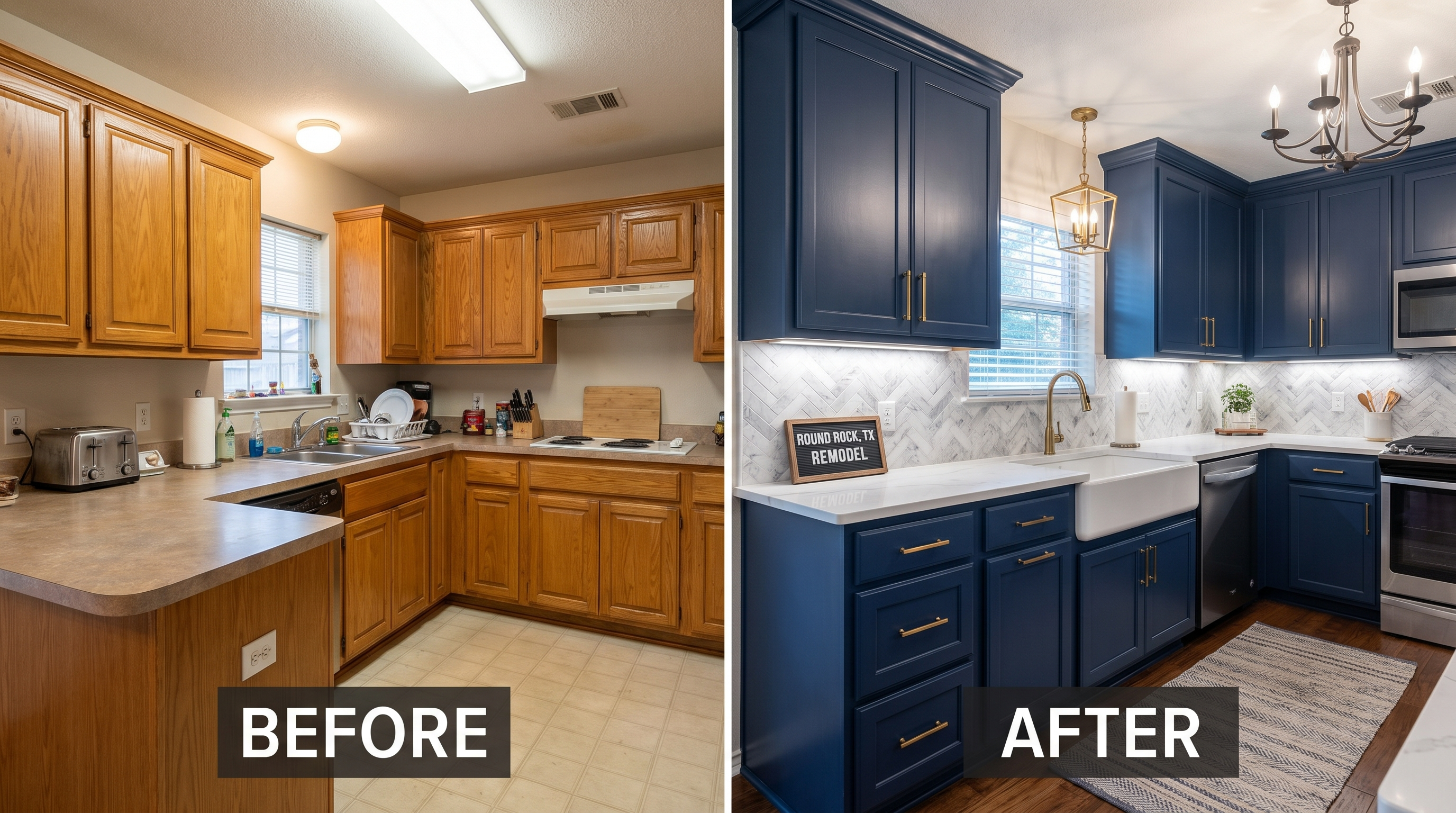 Completed kitchen remodel showing cabinets, countertops, backsplash, island, and lighting services