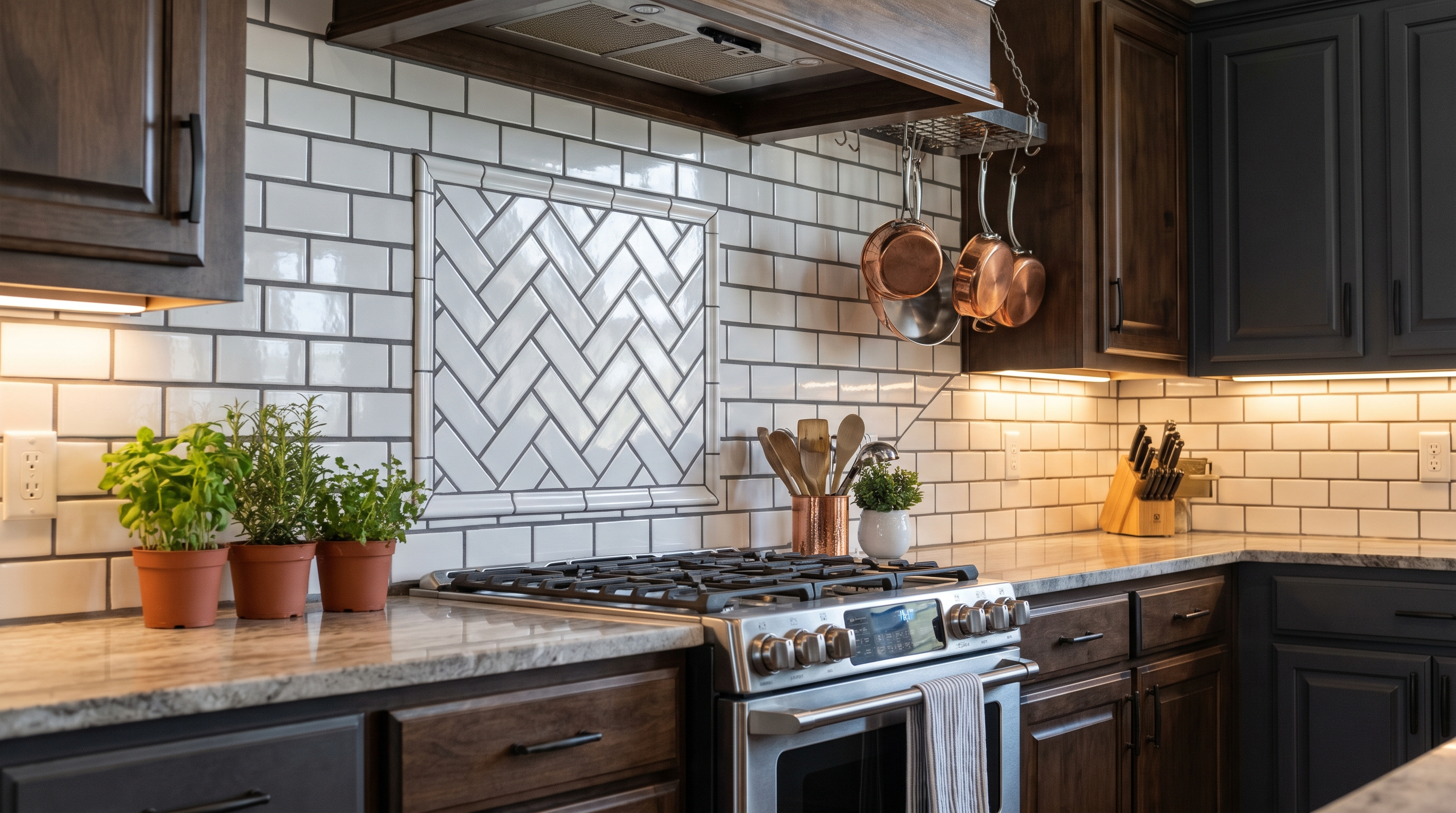 Kitchen backsplash tile installation with clean grout lines, range detail, and brass fixture