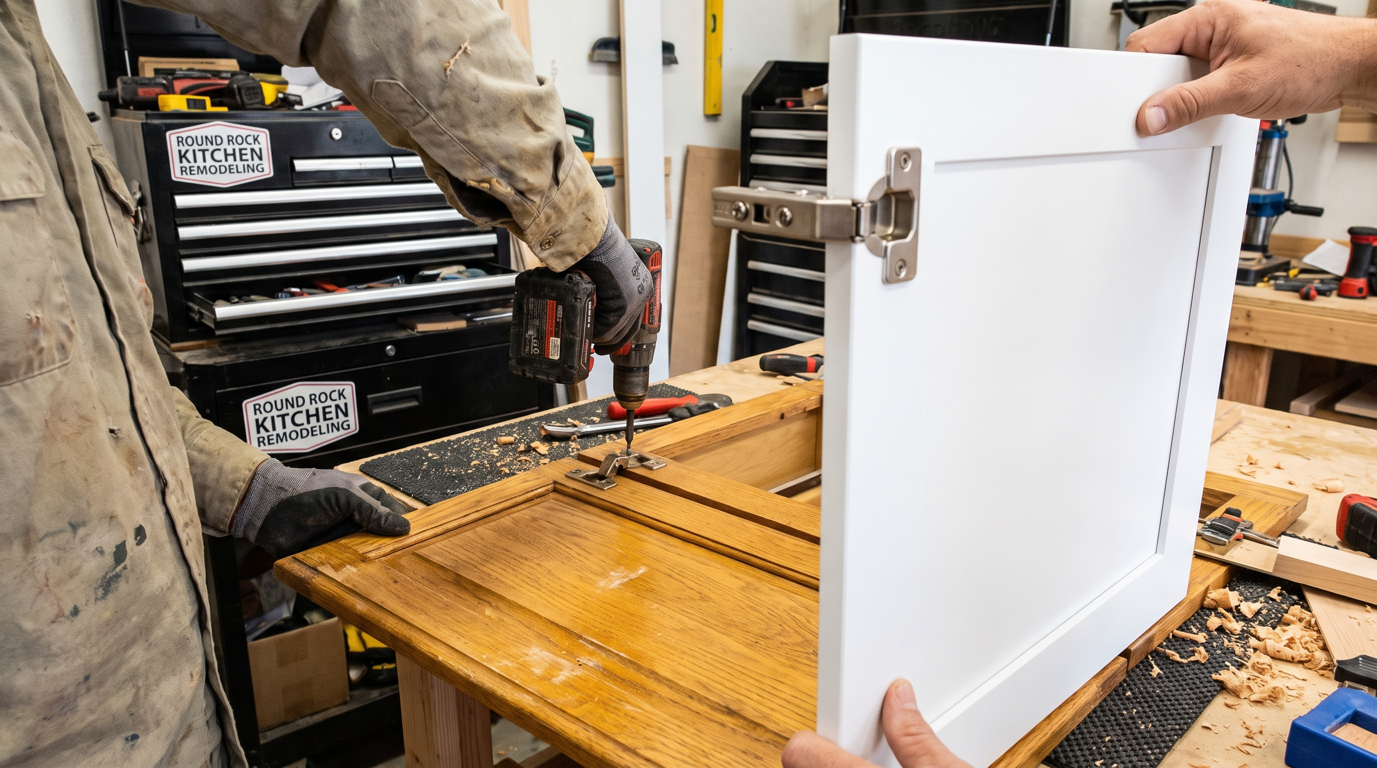 Fresh cabinet refacing with new white shaker doors and soft-close hardware for a Round Rock kitchen