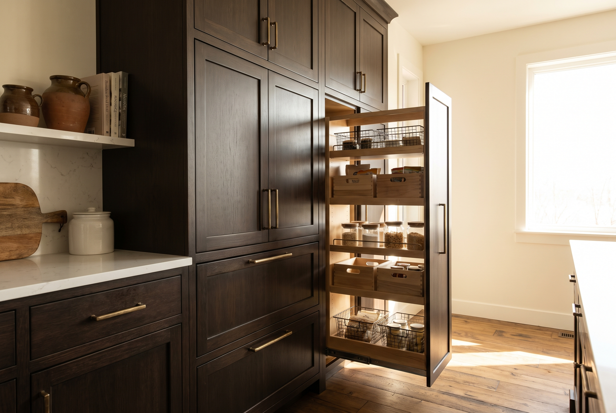 Custom espresso shaker kitchen cabinets with brass pulls and pantry storage in a Round Rock remodel