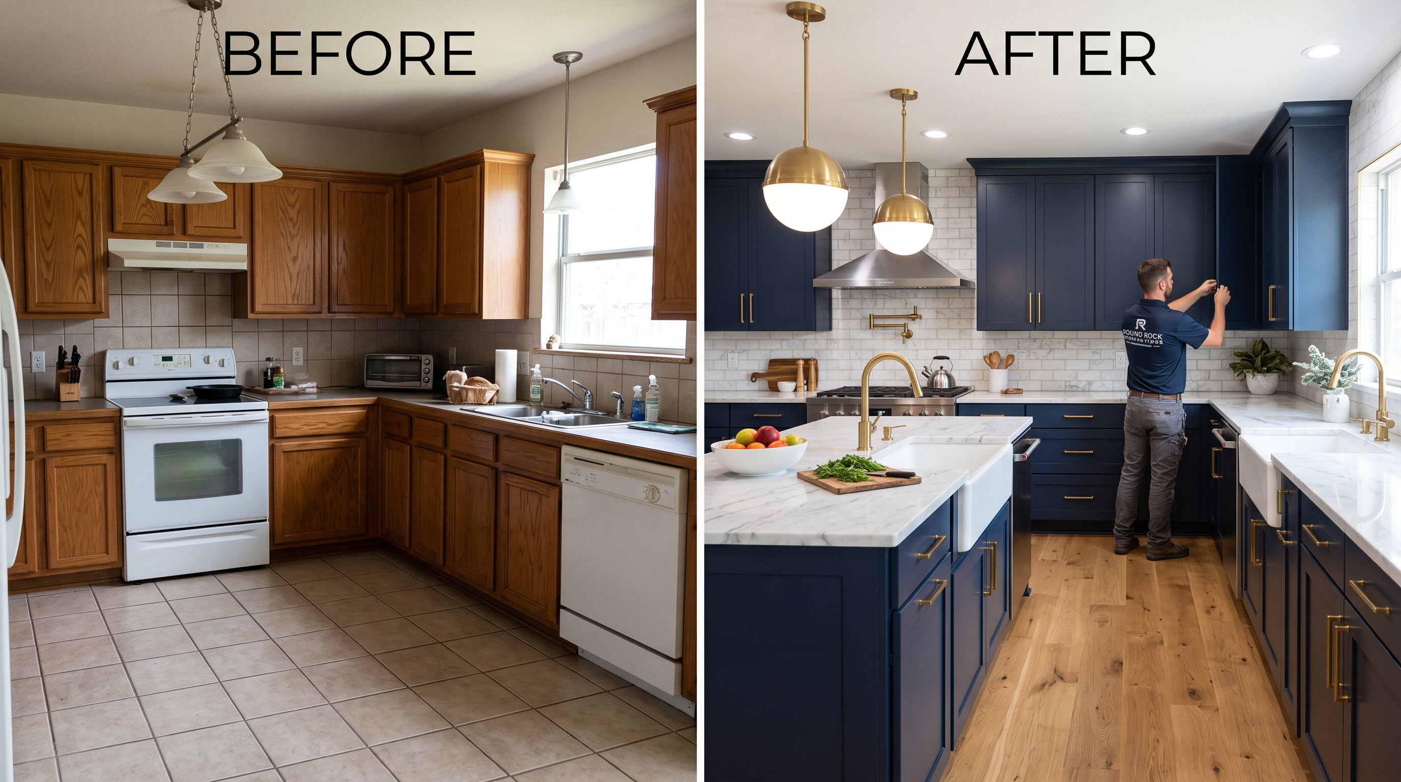 Completed full kitchen remodel with island, cabinetry, counters, backsplash, and layered lighting in a Round Rock home