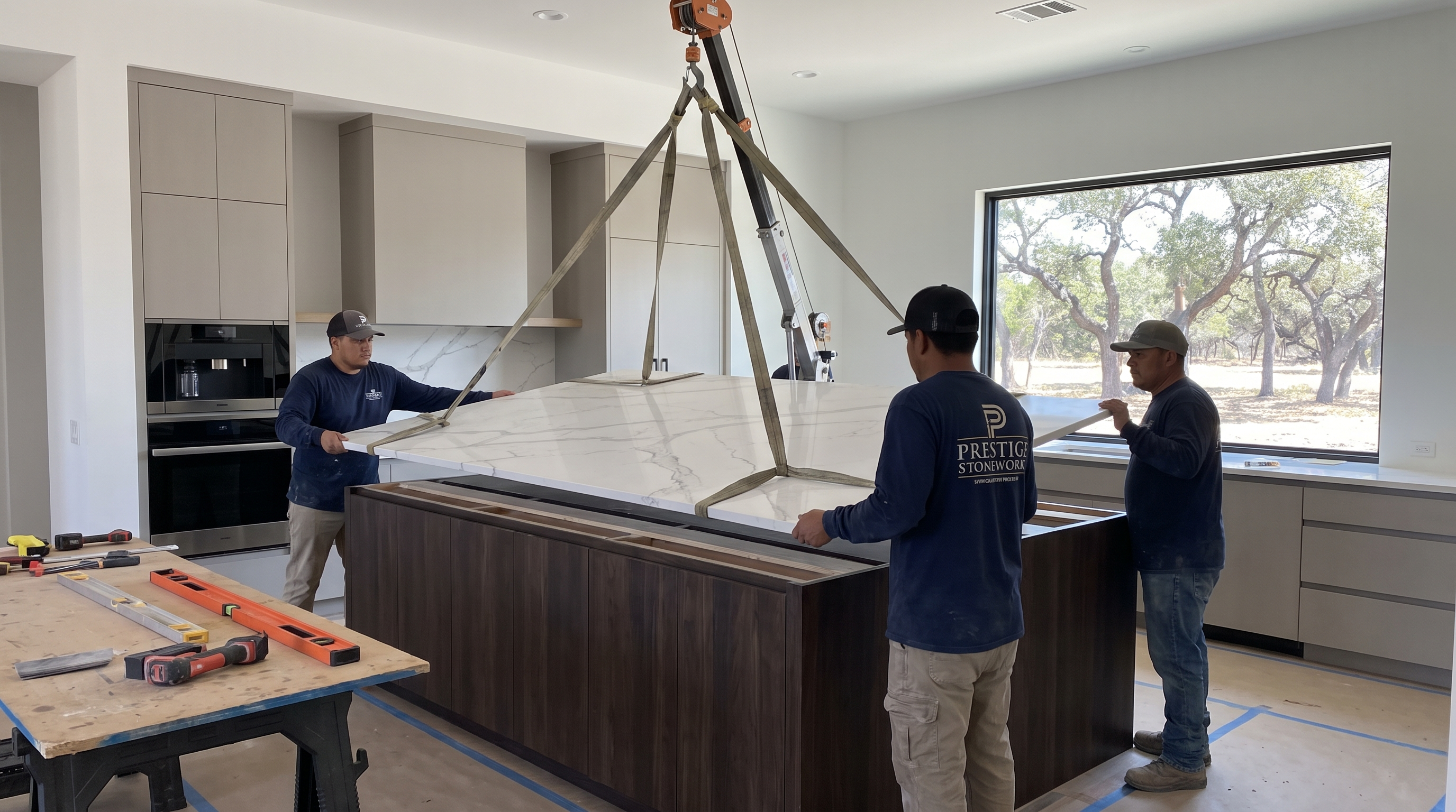 Cream quartz kitchen countertop with subtle veining, undermount sink, and brass faucet
