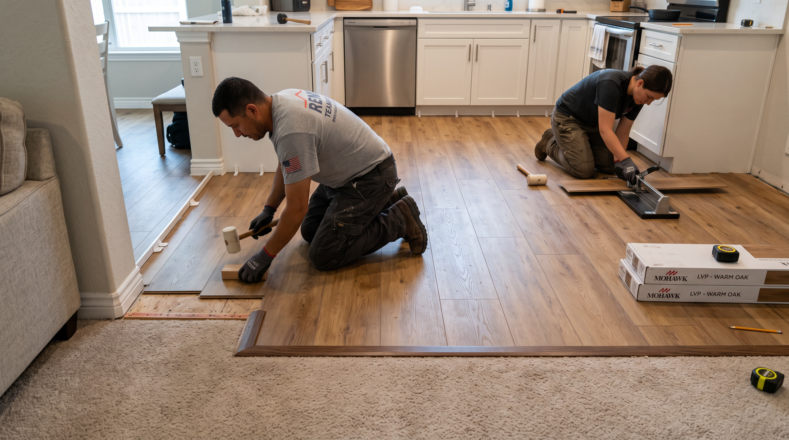 Warm kitchen flooring installation flowing through a remodeled Round Rock kitchen
