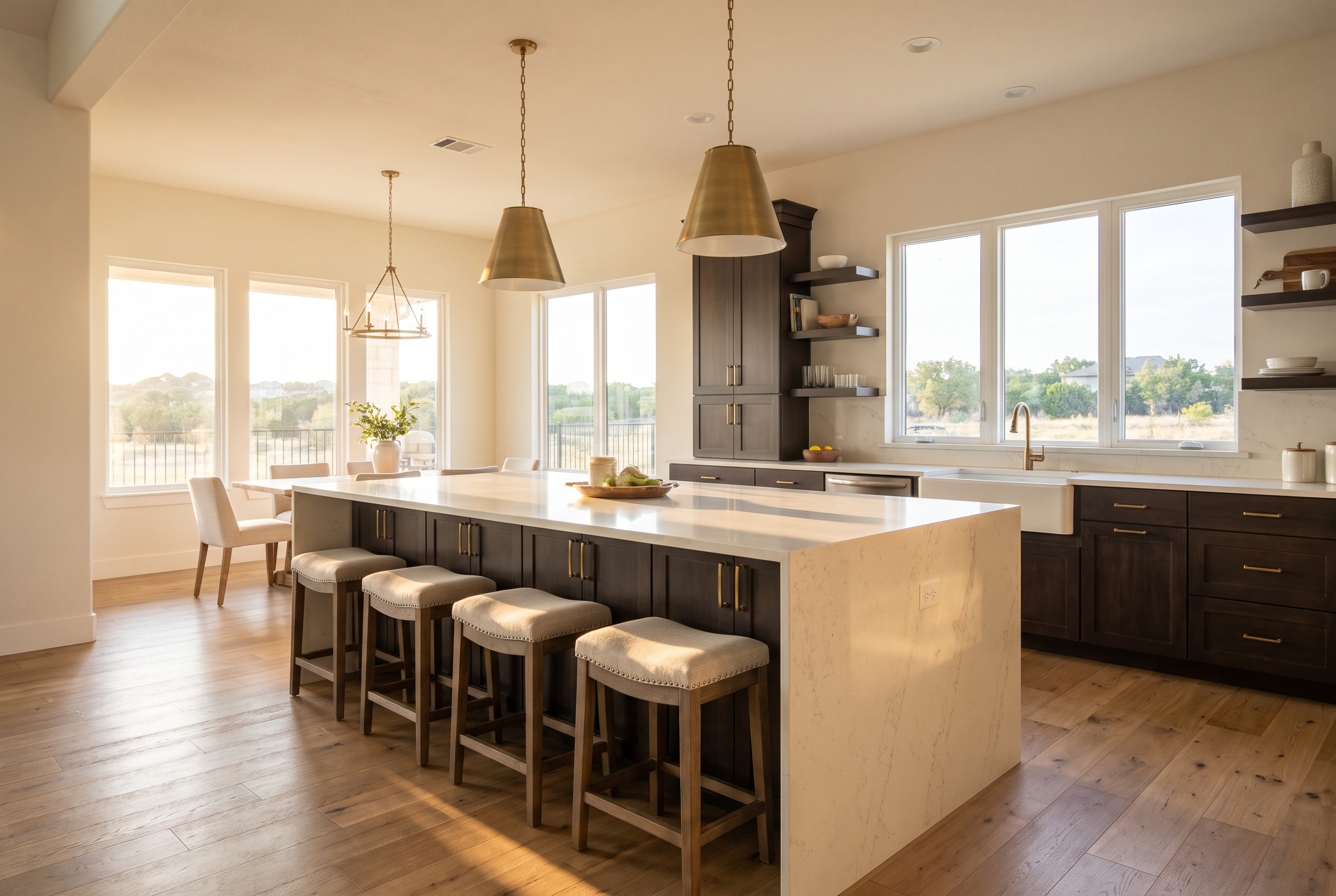 Large custom kitchen island with quartz waterfall counter, seating, storage, and brass pendant lights